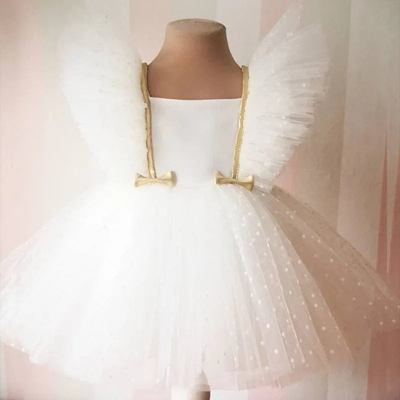 White special occasion dress with lace for girls, tulle skirt, gold trim and bow details, toddler size