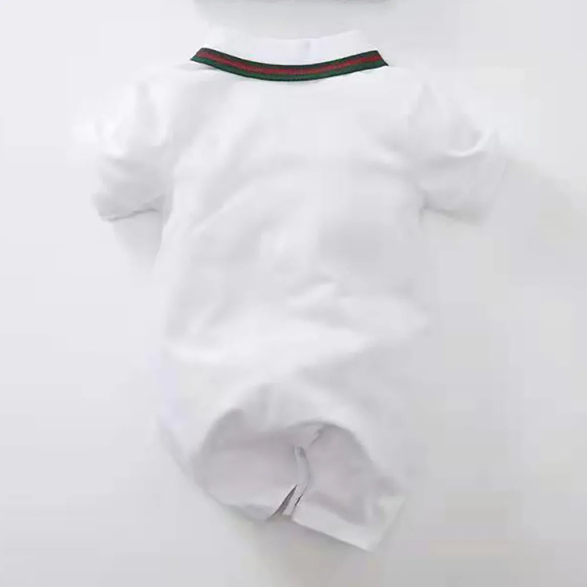 White sporty baby summer romper with short sleeves and green red striped collar for infants