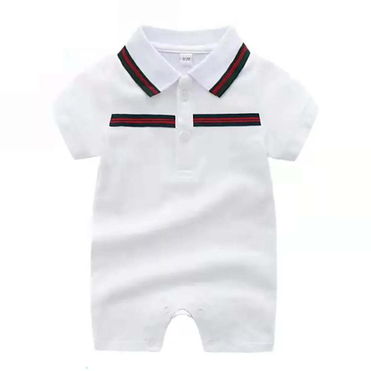 white sporty baby summer romper with red and black striped collar and chest detail for infants
