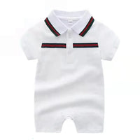 white sporty baby summer romper with red and black striped collar and chest detail for infants