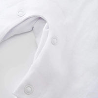 White sporty baby summer romper in size 0-6 months with snap button closure detail