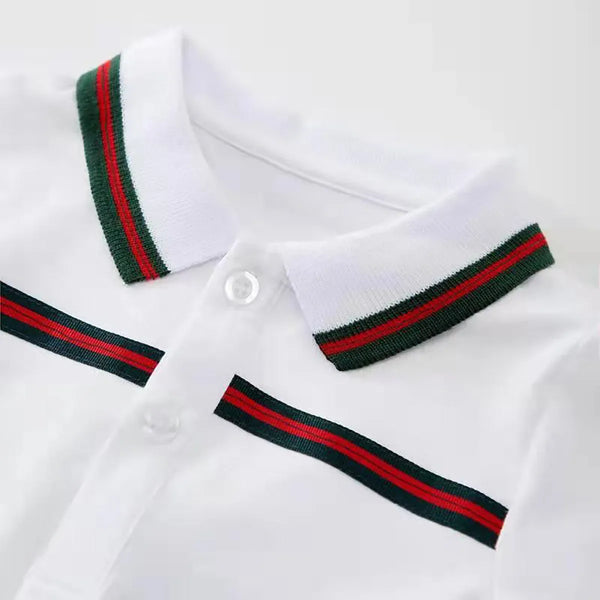 white sporty baby summer romper with green and red striped collar and chest detail for infants