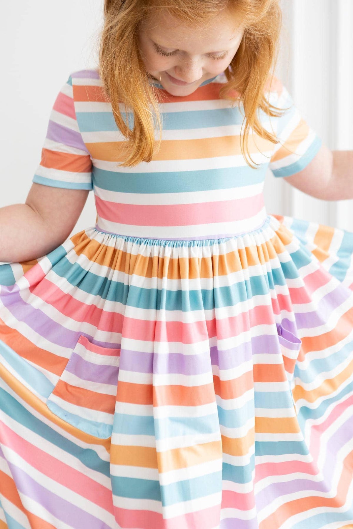 Girls spring striped twirl dress for girls with short sleeves and colorful horizontal stripes