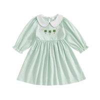 green striped St. Patrick's Day dress for little girls with white collar and shamrock embroidery