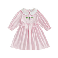 pink striped long sleeve St. Patrick's Day dress for little girls with white collar and clover embroidery