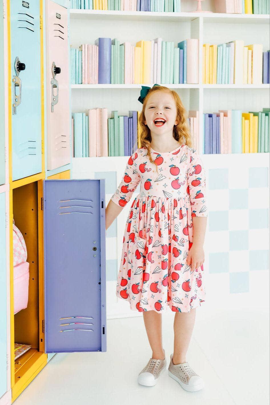 Girls white star student twirl dress for girls with red apple print and 3/4 sleeves size 6