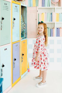 Girls white and pink star student twirl dress for girls with 3/4 sleeves and fruit print in size for young children