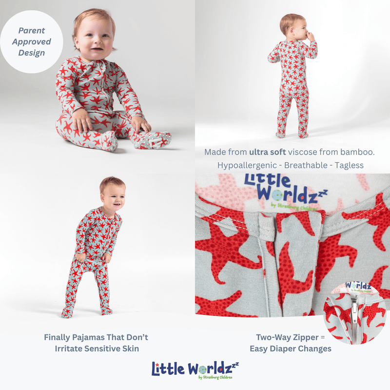 Baby wearing red starfish print bamboo zipper footie pajamas, showing soft cozy fit and easy two-way zipper for sensitive skin.