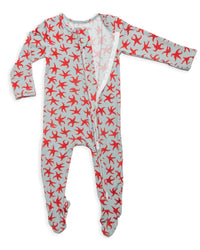 Light blue bamboo baby footie pajamas featuring a red starfish print and front zipper for cozy, breathable sleep.