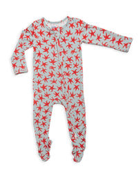 Light blue baby footie pajamas featuring a red starfish print and front zipper for cozy, breathable comfort.