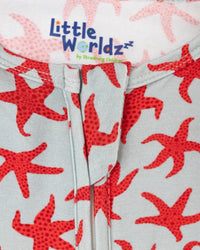 Red starfish print bamboo zipper footie pajamas with soft fabric and front zipper detail for babies.