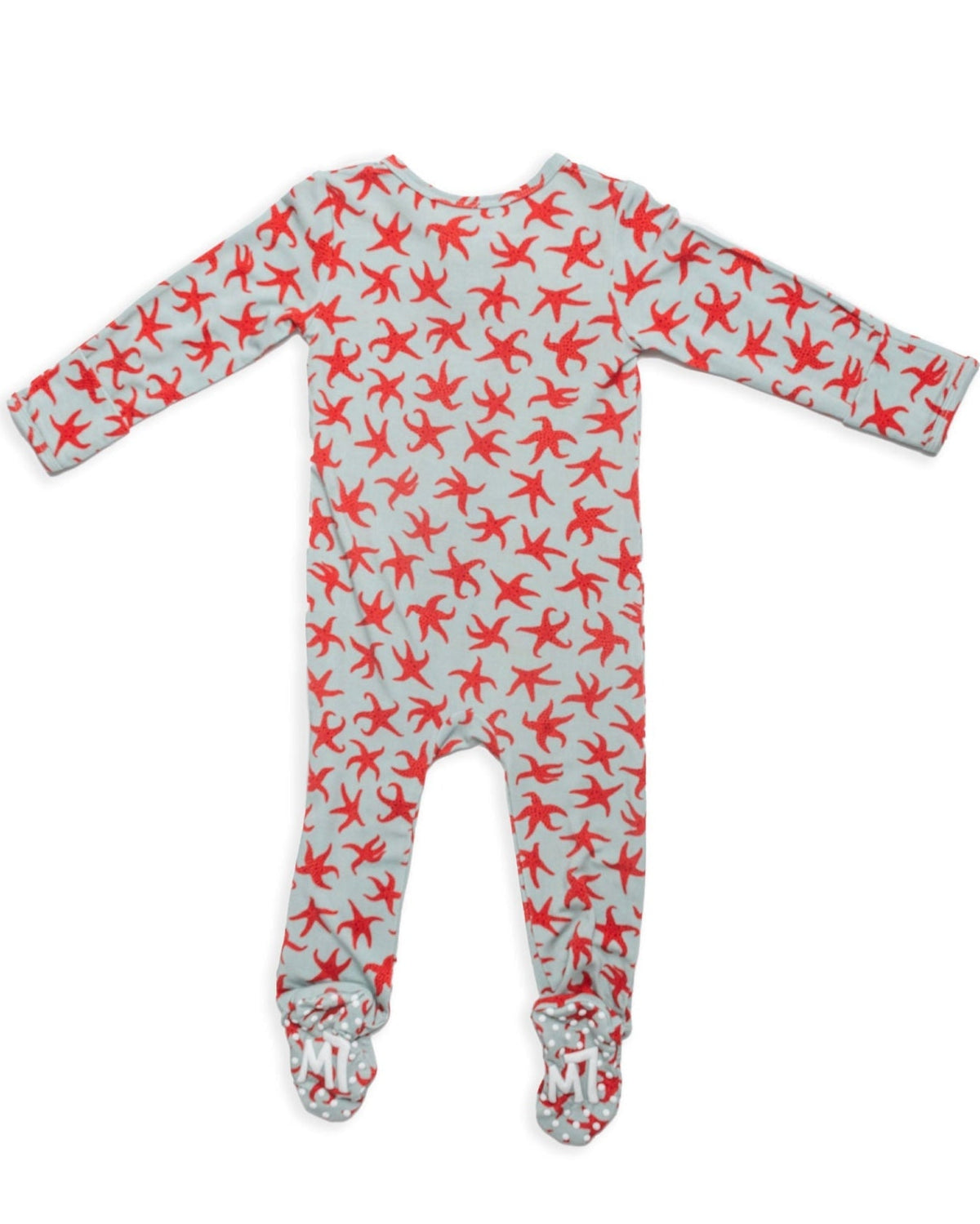 Light blue baby footie pajamas with red starfish print and closed toe feet for cozy, breathable comfort.