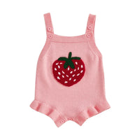 pink strawberry baby romper for girls with green and white strawberry design and ruffle trim for infants