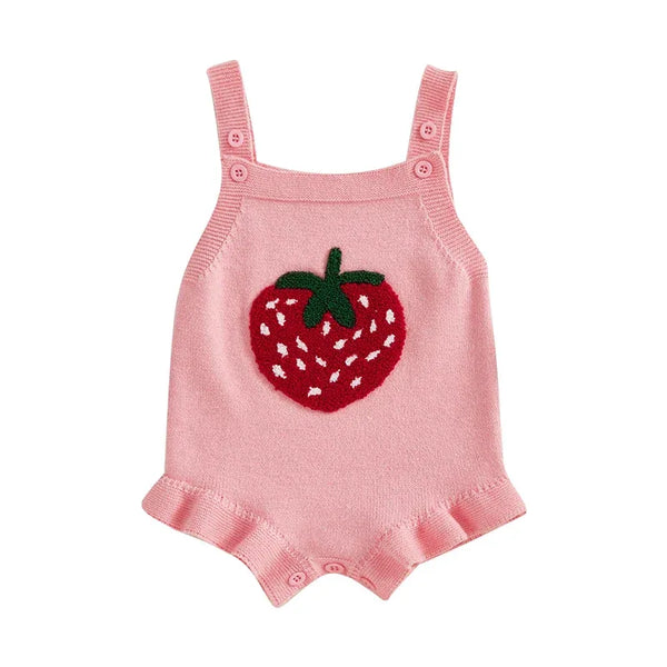 pink strawberry baby romper for girls with green and white strawberry design and ruffle trim for infants