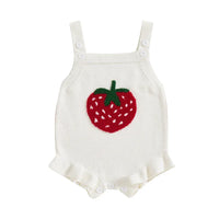 white sleeveless strawberry baby romper for girls with ruffle trim and red strawberry detail