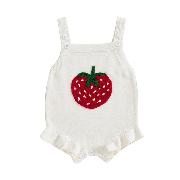 white sleeveless strawberry baby romper for girls with ruffle trim and red strawberry detail