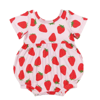 Pink strawberry baby romper for infants with short sleeves and red strawberry print