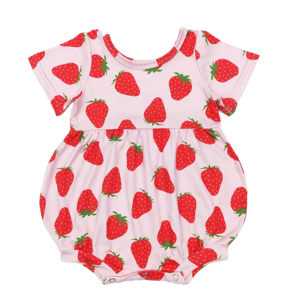 Pink strawberry baby romper for infants with short sleeves and red strawberry print
