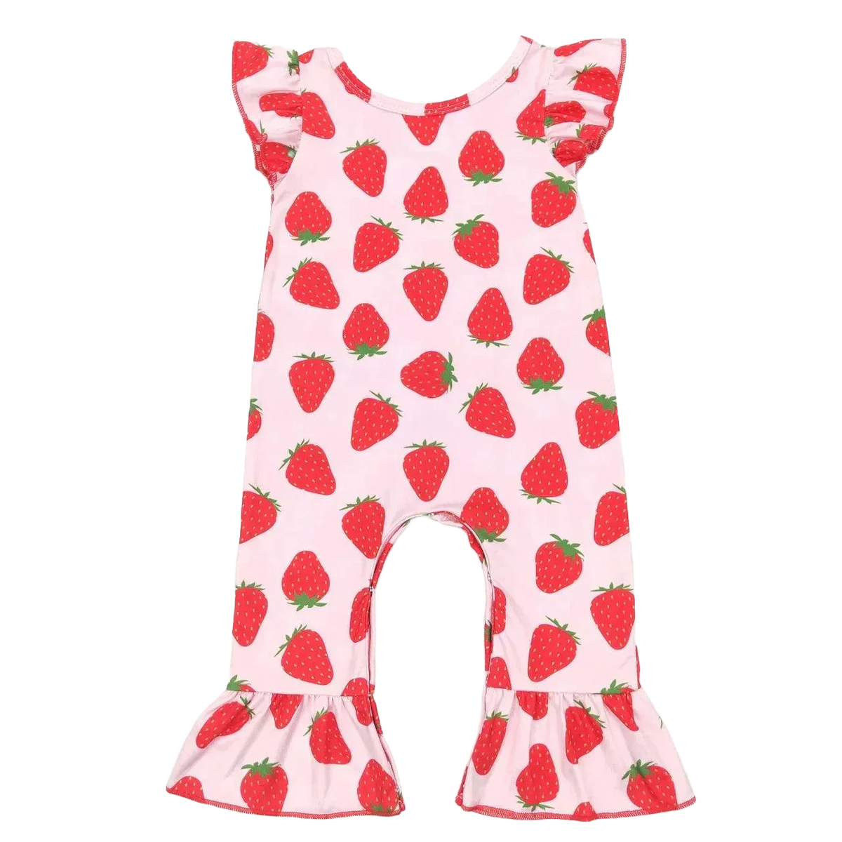 Pink strawberry baby romper for infants with red strawberry print and ruffled sleeves and legs