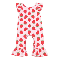 Pink strawberry baby romper for infants with red strawberry print and ruffled sleeves and legs
