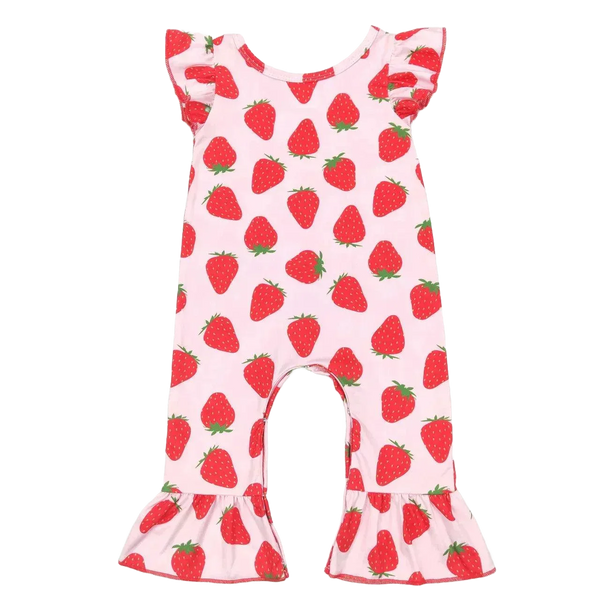 Pink strawberry baby romper for infants with red strawberry print and ruffled sleeves and legs