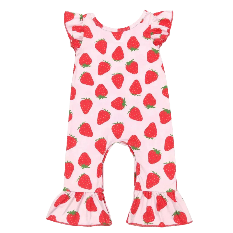 Pink strawberry baby romper for infants with red strawberry print and ruffled sleeves and legs