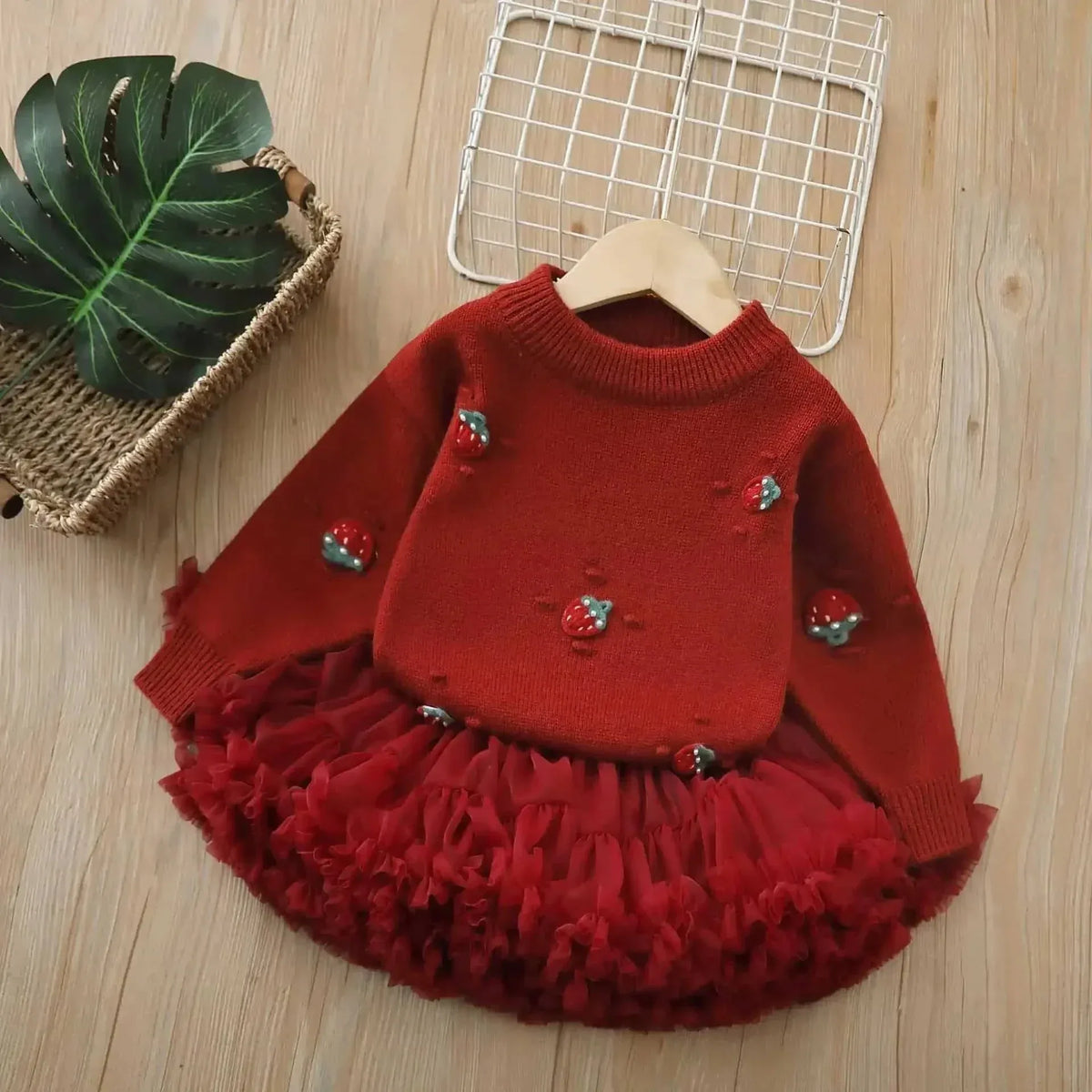 Strawberry Knit Sweater and Tulle Skirt Set for Babies - The Palm Beach Baby