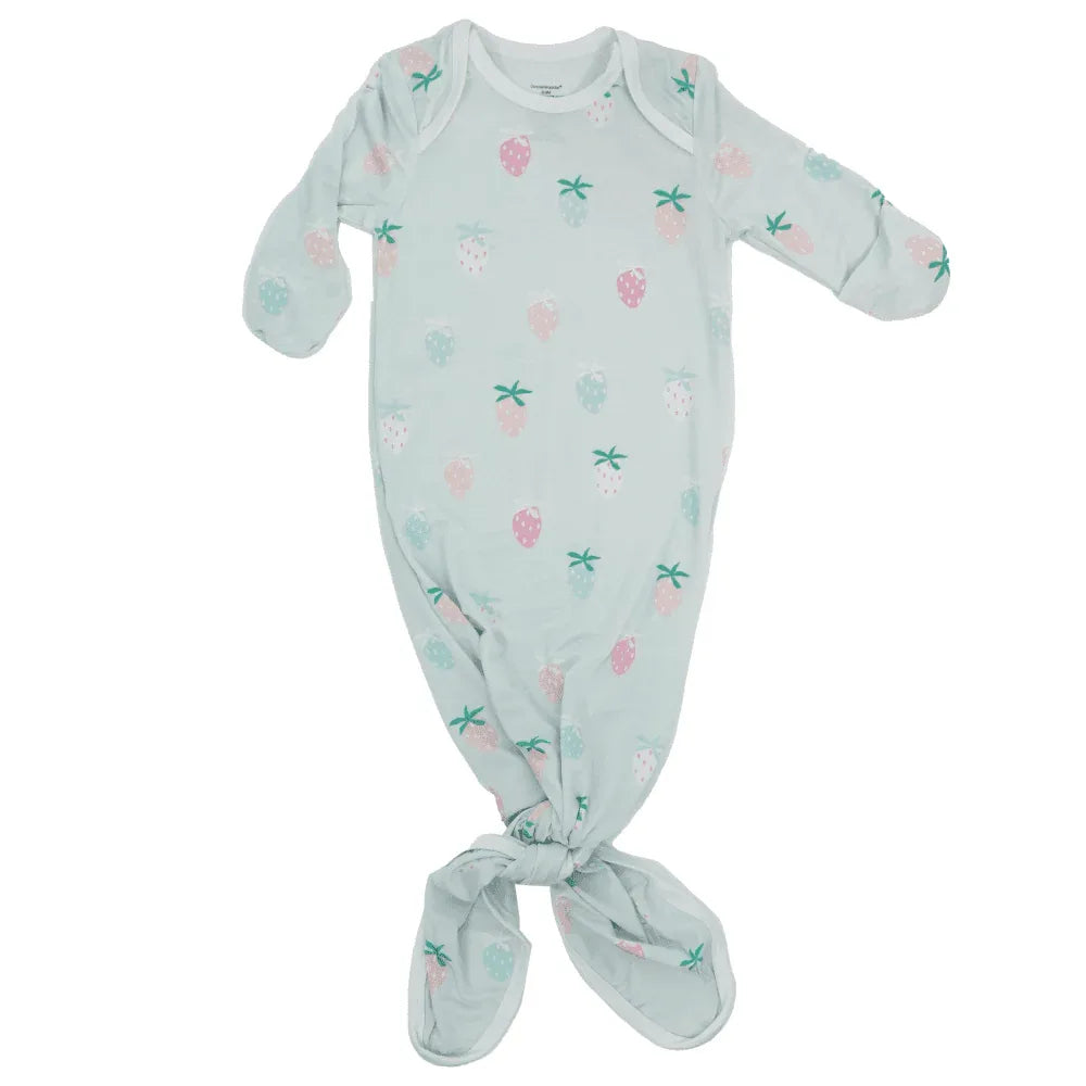 White strawberry newborn knotted gown with pink and green strawberry print for babies
