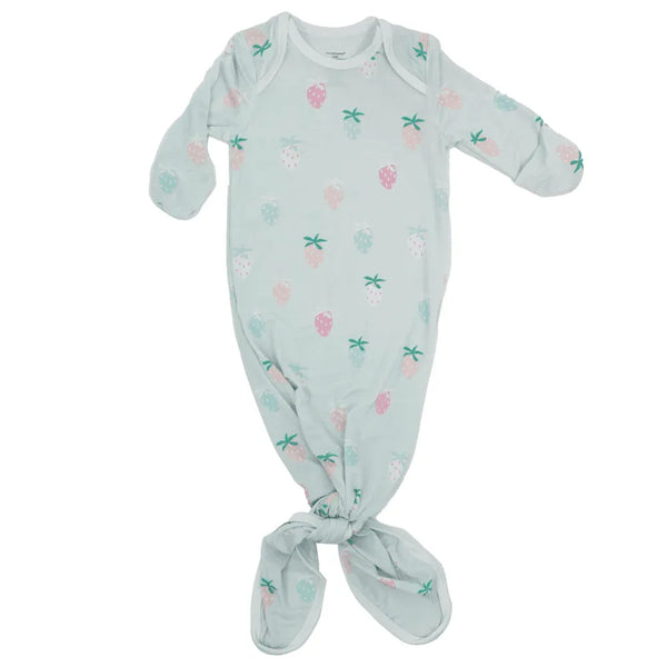 White strawberry newborn knotted gown with pink and green strawberry print for babies