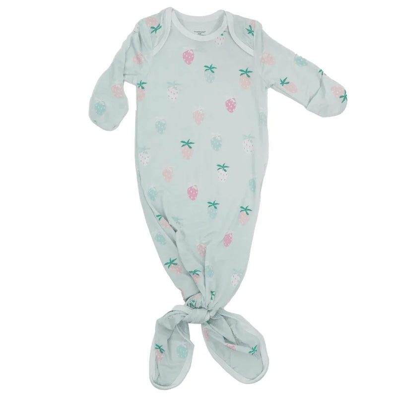 White strawberry newborn knotted gown with pink and green strawberry print for babies