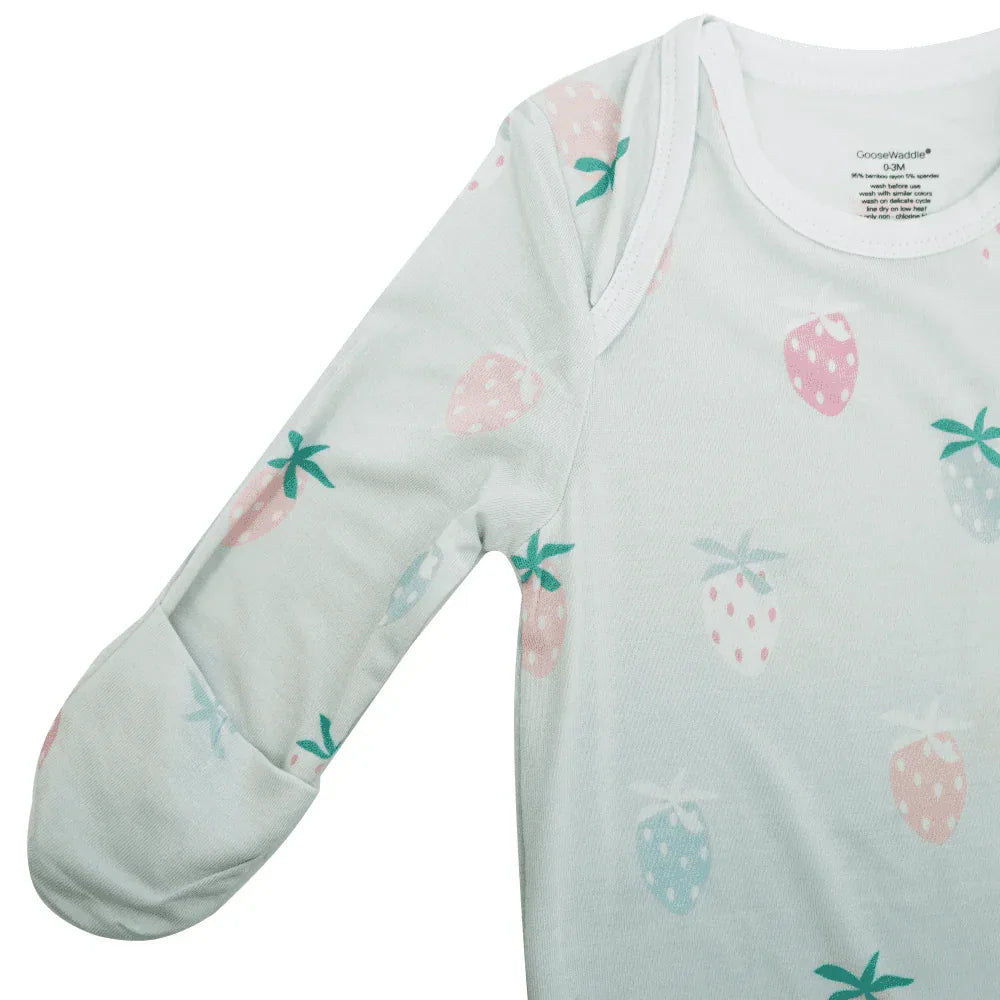 Goosewaddle strawberry newborn knotted gown in white with pastel strawberry print for newborns