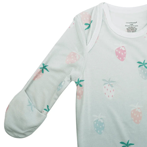 Goosewaddle strawberry newborn knotted gown in white with pastel strawberry print for newborns