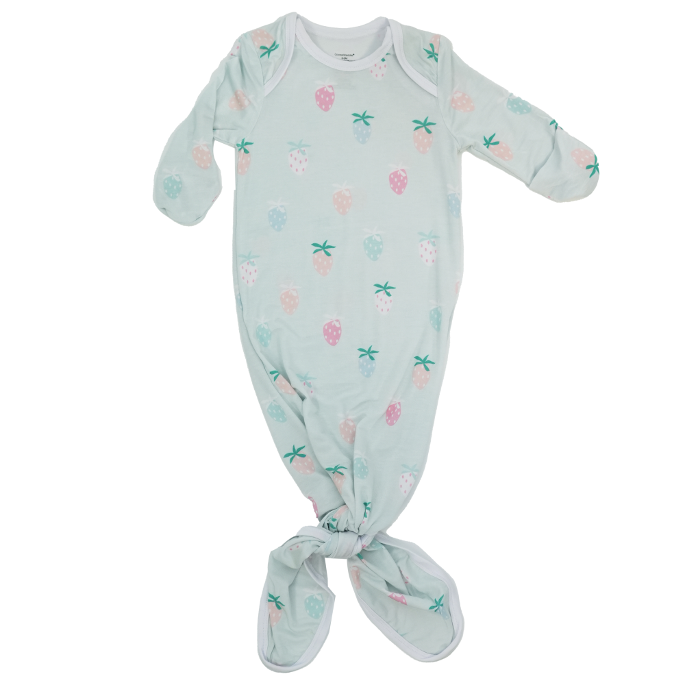 Strawberry Print Knotted Gown for newborns aged 0-3 months, featuring a playful design with pastel strawberries on a soft mint background.