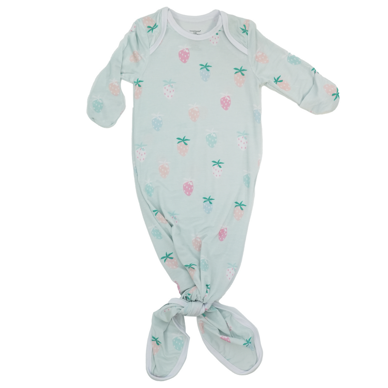Strawberry Print Knotted Gown for newborns aged 0-3 months, featuring a playful design with pastel strawberries on a soft mint background.