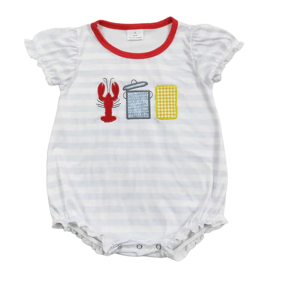 white and light gray striped baby romper summer with red neckline and lobster applique for infants