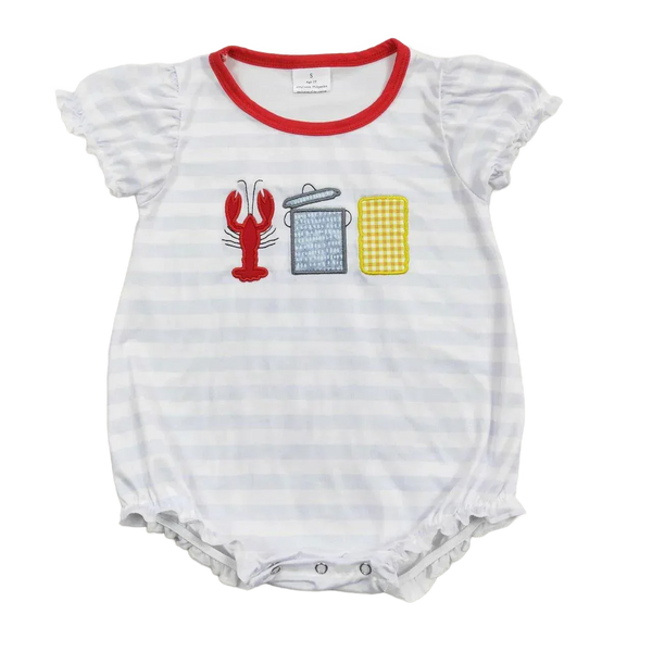 white and light gray striped baby romper summer with red neckline and lobster applique for infants