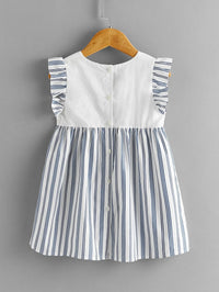 baby girls white and navy striped dress with ruffle sleeves and button back closure