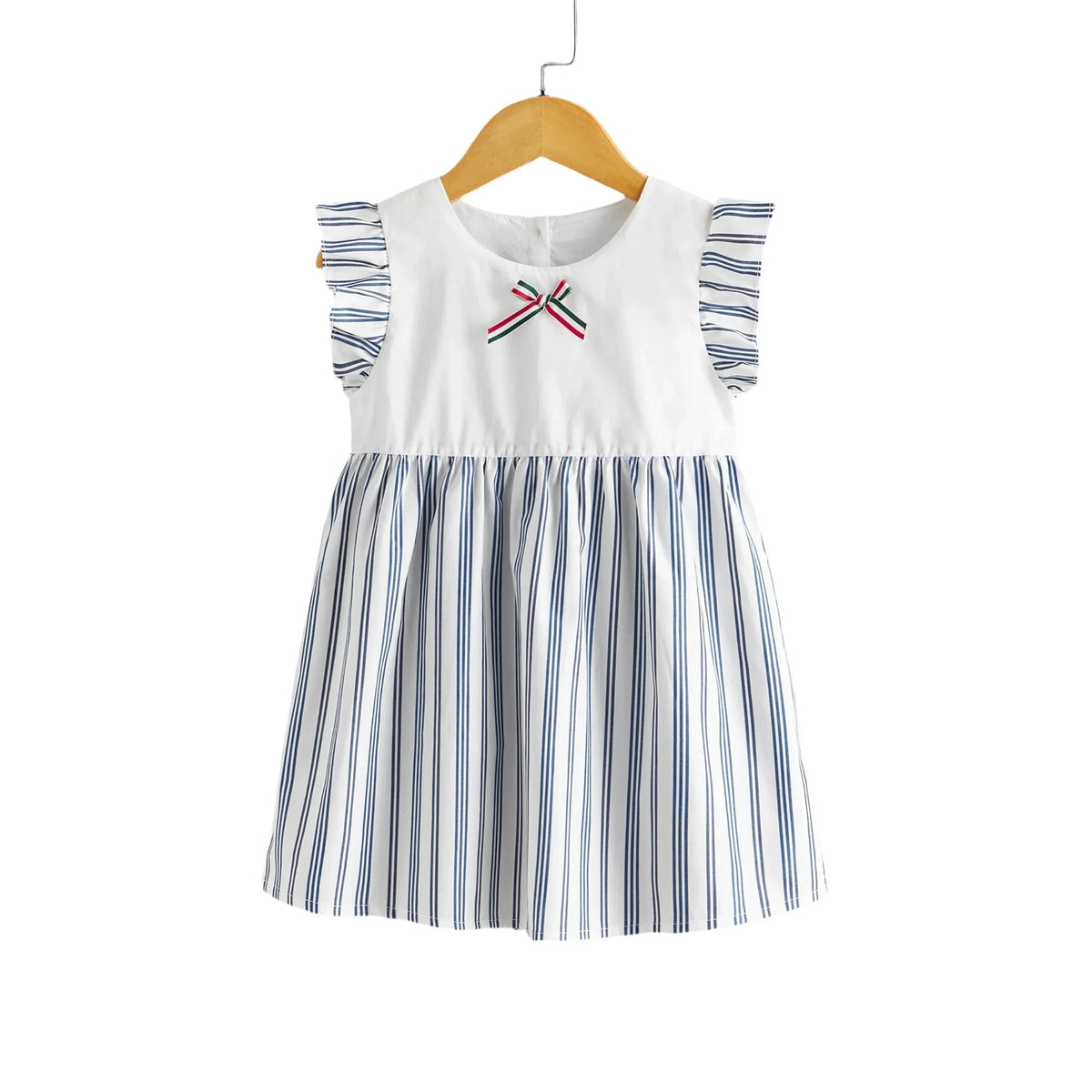 baby girls white and blue striped dress with ruffle sleeves and decorative bow