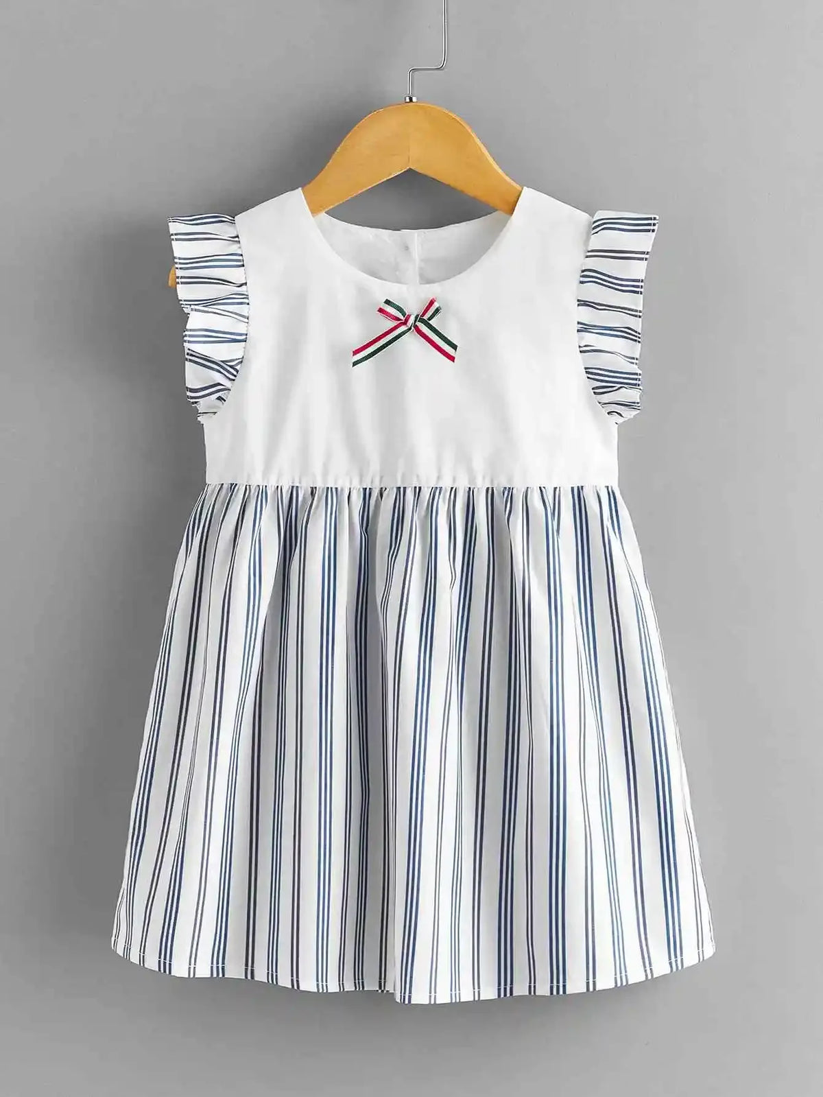 baby girls striped dress white top with navy blue stripes and striped ruffle sleeves