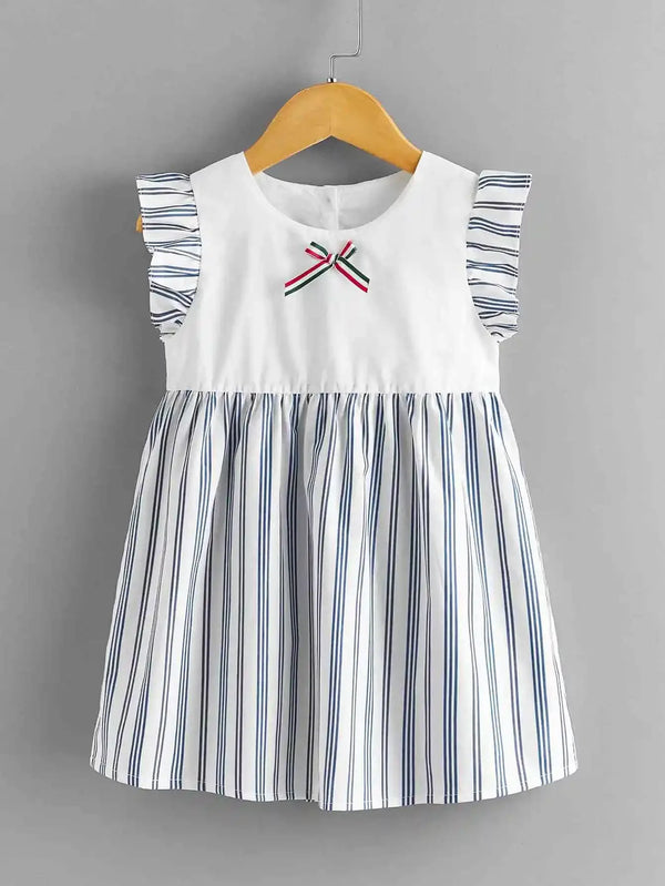 baby girls striped dress white top with navy blue stripes and striped ruffle sleeves