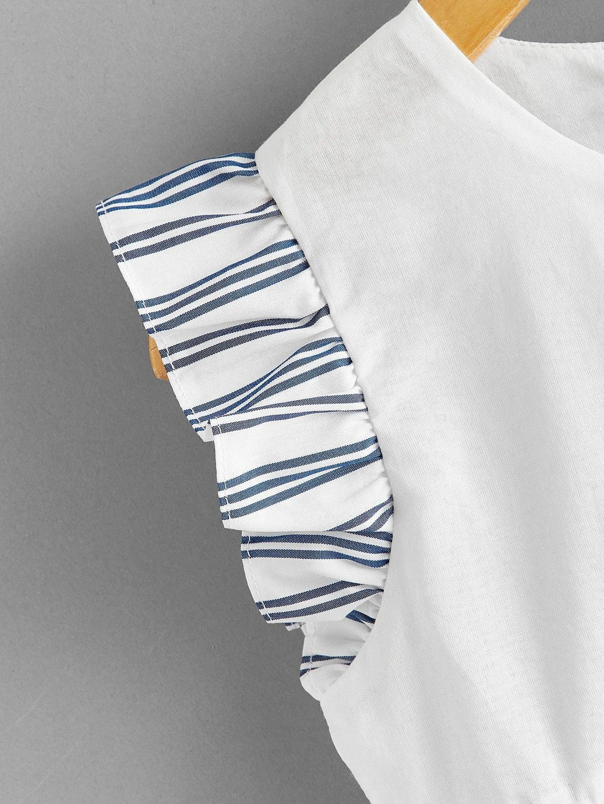 Babies white sleeveless dress with blue striped ruffle detail shoulder striped dress