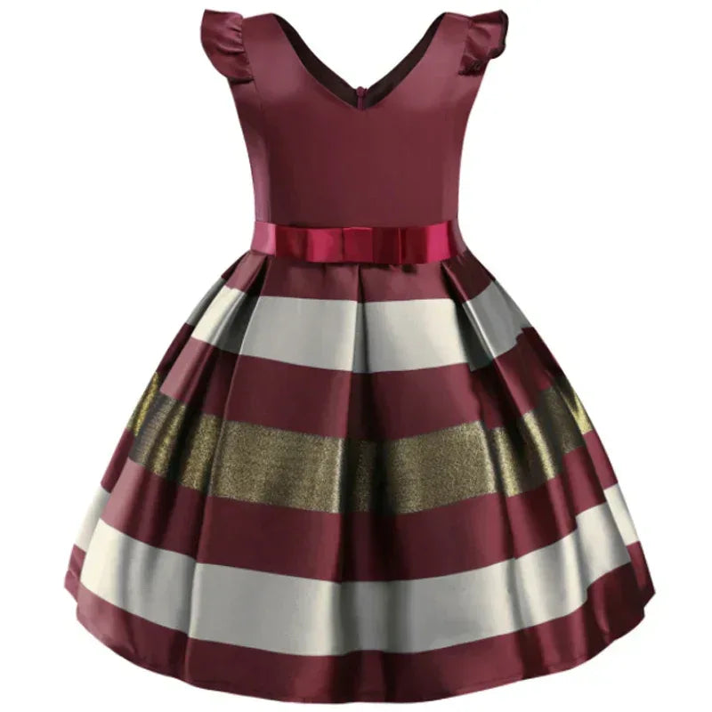 girls striped flutter sleeve dress in burgundy, white, and gold with bow waist detail