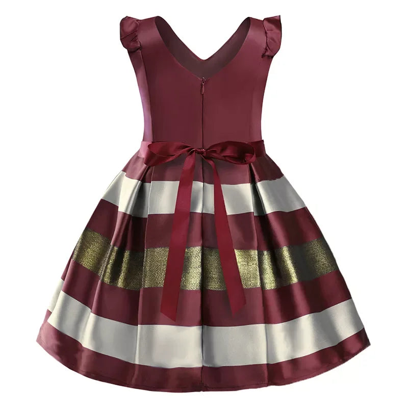 girls burgundy striped flutter sleeve dress with gold and white horizontal stripes and bow