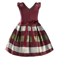 girls burgundy striped flutter sleeve dress with gold and white horizontal stripes and bow