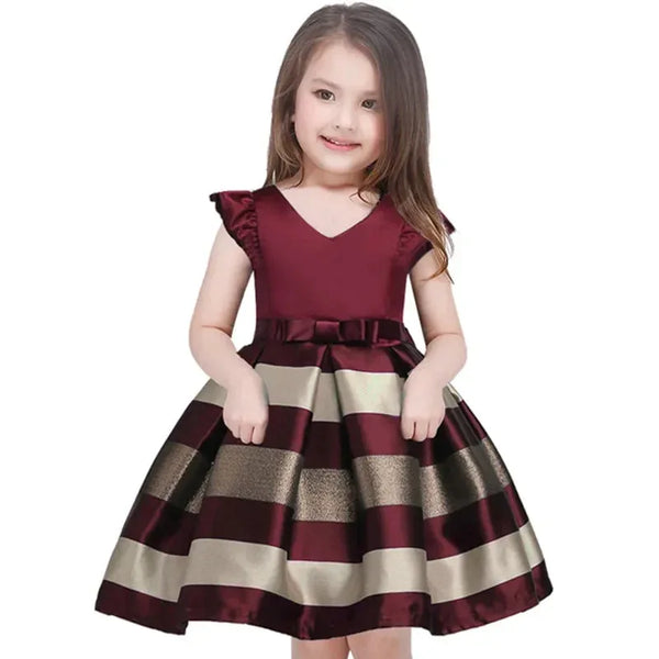 Maroon and gold striped flutter sleeve girls dress with bow detail, toddler size