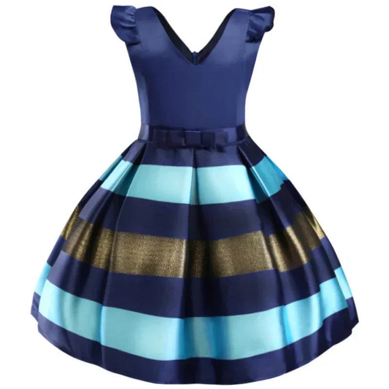 girls navy blue striped flutter sleeve girls dress with gold and light blue wide stripes, size for toddlers
