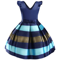 girls navy blue striped flutter sleeve girls dress with gold and light blue wide stripes, size for toddlers