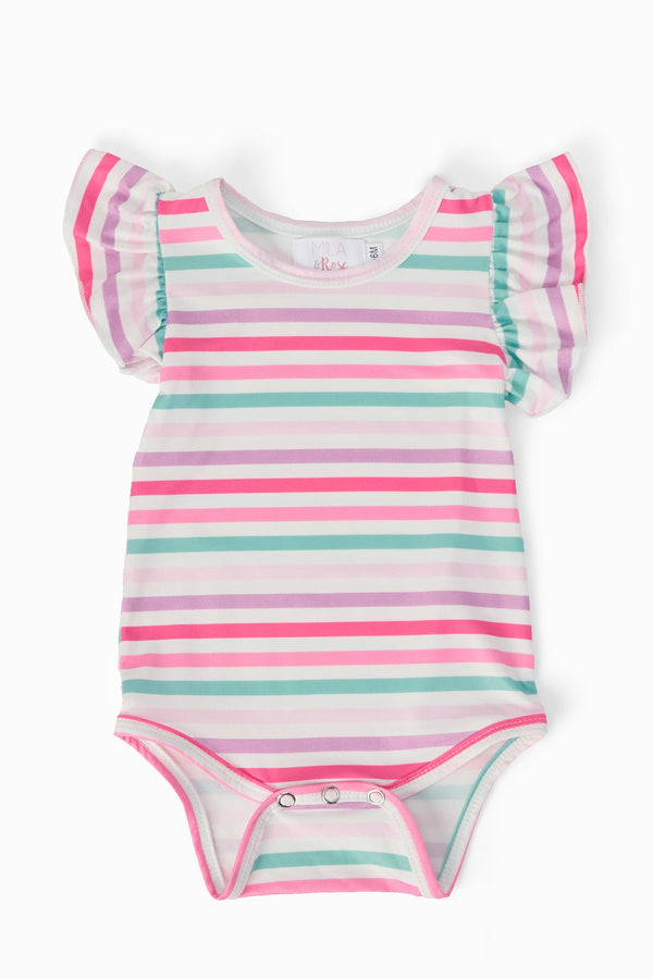 baby girls striped pink green flutter bodysuit with flutter sleeve dresses style