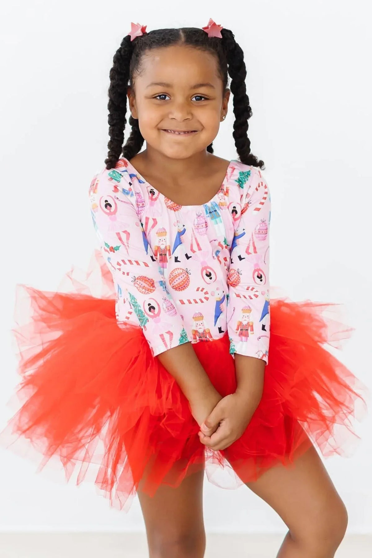 Girls sugarplum fairy tutu leotard for girls in pink and red with 3/4 sleeves and tulle skirt