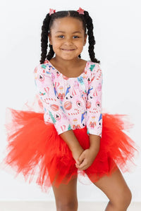 Girls sugarplum fairy tutu leotard for girls in pink and red with 3/4 sleeves and tulle skirt